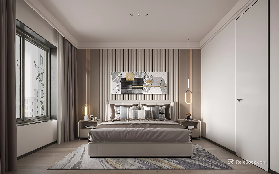Modern Bedroom Interior Design With Striped Wall Paneling Bedside Art Nightstands And Area Rug 3d model 