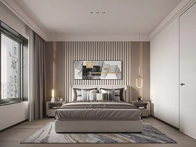 Modern Bedroom Interior Design With Striped Wall Paneling Bedside Art Nightstands And Area Rug 3d model