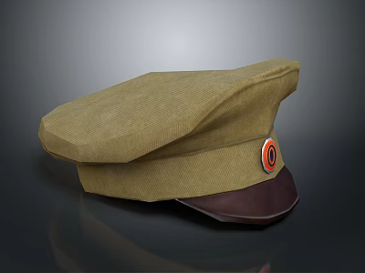 Khaki Corduroy Military Style Cap With Brown Leather Brim And Round Red Badge 3d model