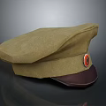 Khaki Corduroy Military Style Cap With Brown Leather Brim And Round Red Badge