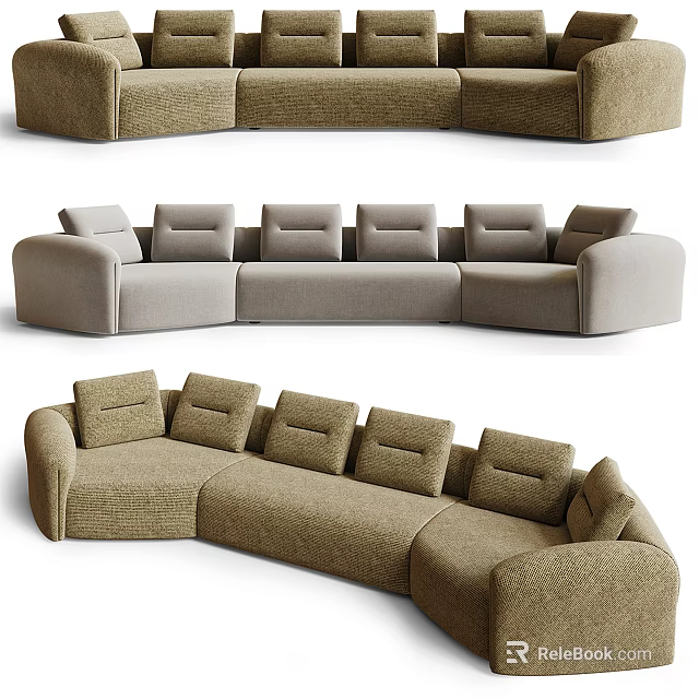 Curved Sectional Sofa With Beige Upholstery Multiple Soft Cushions Modern Design 3d model