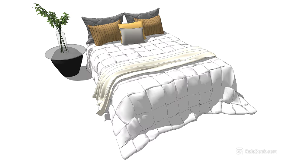 Double Bed With White Quilted Bedspread And Colorful Pillows Near Side Table With Potted Plant 3d model 