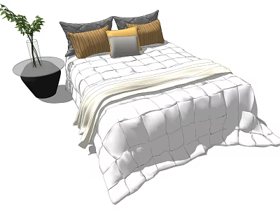 Double Bed With White Quilted Bedspread And Colorful Pillows Near Side Table With Potted Plant 3d model