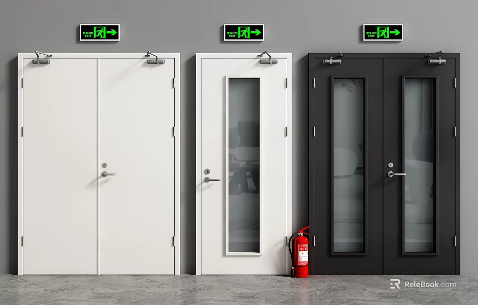 Fire Exit Doors in White Black and Glass Panel with Green Exit Signs 3d model 