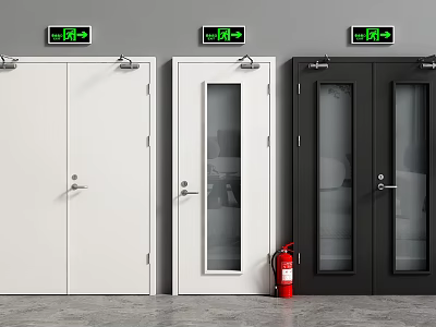 Fire Exit Doors in White Black and Glass Panel with Green Exit Signs 3d model