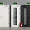 Fire Exit Doors in White Black and Glass Panel with Green Exit Signs