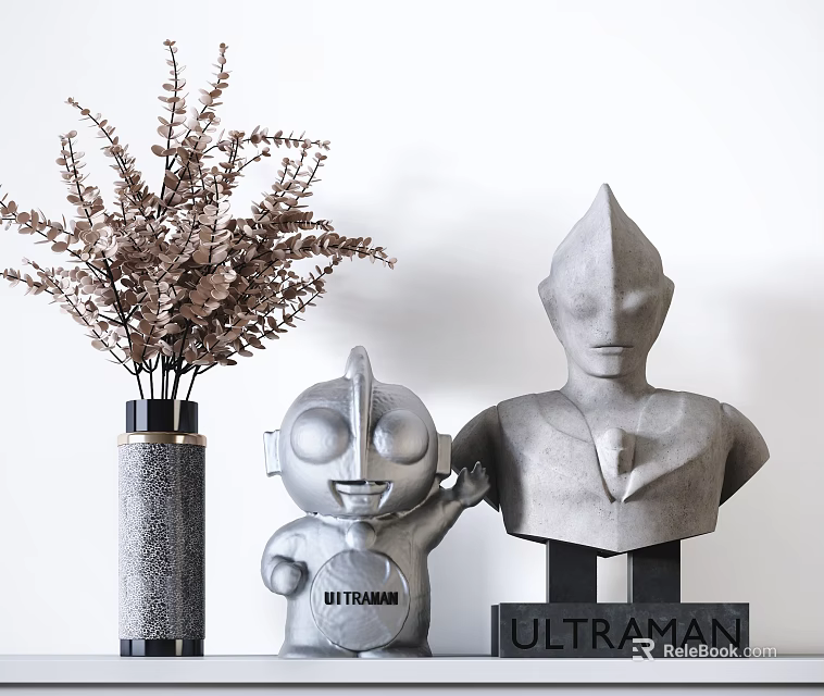 Modern Decorative Ornaments Set With Ultraman Figurines Vase Dried Flowers And Bust 3d model 