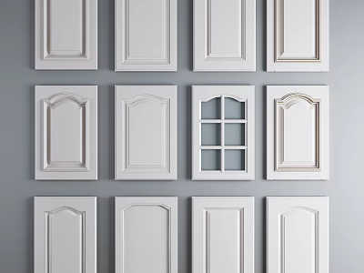 White Kitchen Cabinet Doors In Various Styles Arranged On Gray Background 3d model