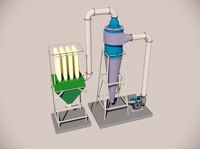 The dust collector system is composed of induced draft fan cyclone dust collector and bag filter 3d model