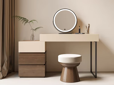 Modern Beige Dressing Table With Round Mirror Wooden Drawer Cabinet Small Fern And Upholstered Stool 3d model