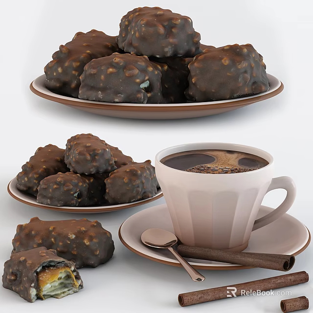 Delicious Chocolate Coated Nutty Snacks On Plate With Coffee Cup Cinnamon Sticks And Spoon 3d model 