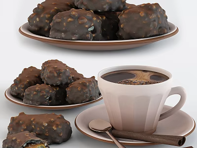Delicious Chocolate Coated Nutty Snacks On Plate With Coffee Cup Cinnamon Sticks And Spoon 3d model