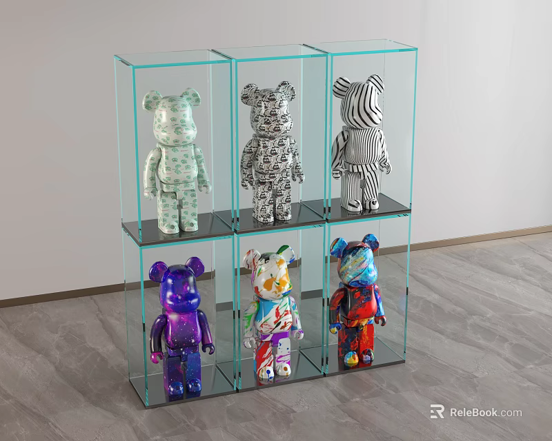 Colorful Bear Sculptures Displayed In Glass Cases With Modern Shelving Design 3d model 
