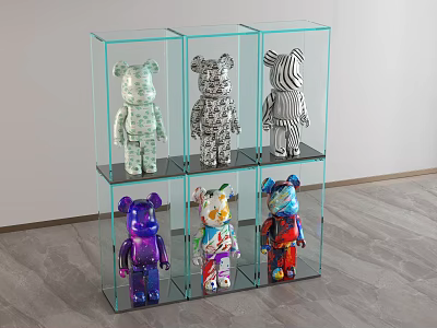 Colorful Bear Sculptures Displayed In Glass Cases With Modern Shelving Design 3d model