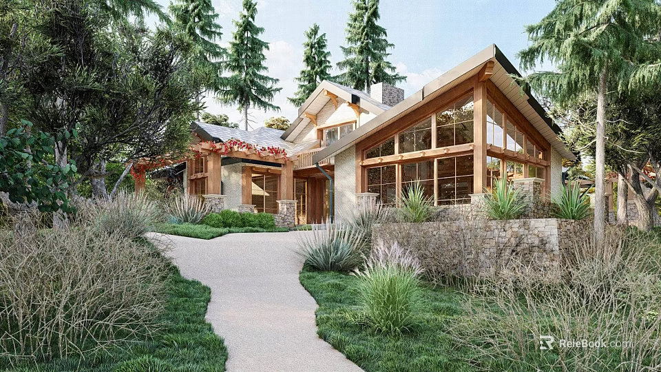 Scenic Single Family Home With Wooden Facade Large Windows Tree Lined Pathway And Lush Greenery 3d model 