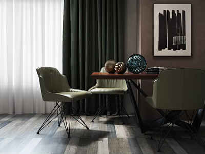 Modern Dining Table And Green Chairs Set With Decorative Items And Wall Art 3d model