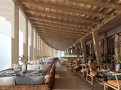 Luxurious Banquet Hall Design With Wooden Beamed Ceiling Large Windows Dining Sets And Green Plants 3d model