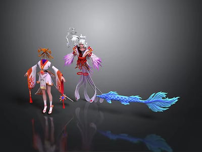 Two Women In Traditional Fantasy Costumes With Orange White Hair And Blue Tail 3d model