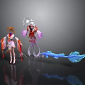 Two Women In Traditional Fantasy Costumes With Orange White Hair And Blue Tail