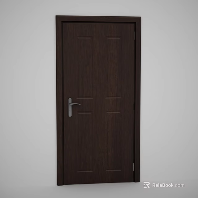 Dark Brown Wooden Hinged Door with Panel Design and Silver Handle for Interior Use 3d model 