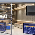 Elegant Modern Bubble Tea Shop Interior With Open Bar White Blue Logo And Marble Shelves