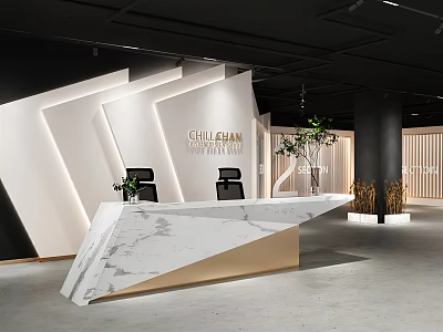 Modern Reception Desk with Marble Countertop Geometric White Backdrop Wall Black Chairs and Green Plants 3d model
