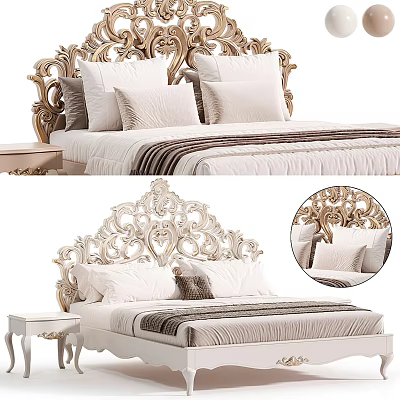 Luxurious Double Bed with Ornate Headboard and Soft Pillows in Striped Bedding and Side Table 3d model