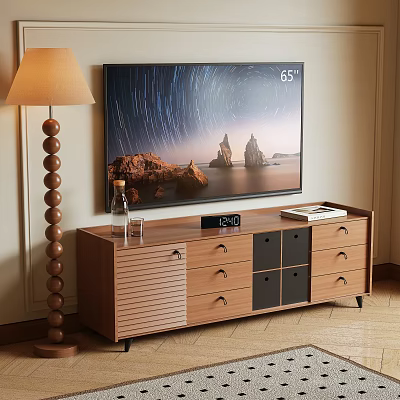 Modern Wooden TV Stand With Sleek Design TV Clock Books And Decorative Bottle 3d model