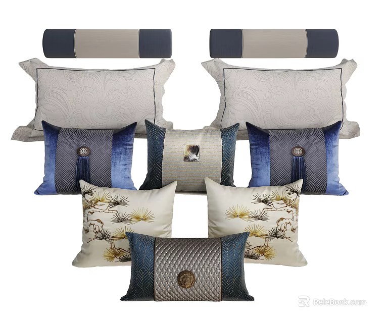 Stylish Decorative Throw Pillows With Blue Gray Beige Patterns And Tassel Details 3d model 