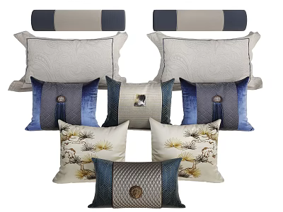 Stylish Decorative Throw Pillows With Blue Gray Beige Patterns And Tassel Details 3d model