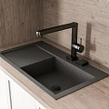 Modern Kitchen with White Cabinets Wooden Upper Cabinets Countertop Sink Gas Stove and Built-in Oven