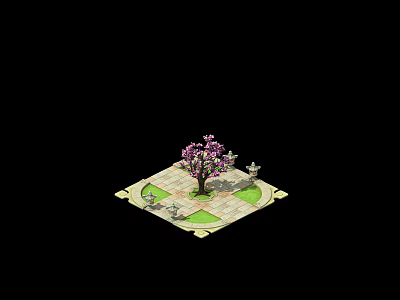 Purple Flowering Tree In Square Garden Area With Green Lawn And Decorative Elements 3d model
