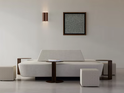 Cozy Beige Leisure Sofa Set With Stools Side Table And Modern Wall Decor 3d model