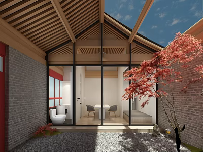 Traditional Chinese Garden with Wooden Roof Glass Doors Red Maple Tree and Gravel Ground 3d model