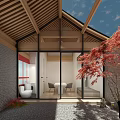 Traditional Chinese Garden with Wooden Roof Glass Doors Red Maple Tree and Gravel Ground
