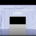 Event Entrance with Purple Fluffy Material and White Decorative Pillars Featuring Central Logo Sign