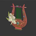 Decorative Brown Lyre With Golden Decorations Emerald Gemstone And White Orchid Leaves
