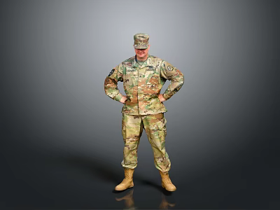 Military Soldier In Camouflage Uniform Standing With Hands On Hips Against Gray Background 3d model