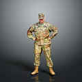 Military Soldier In Camouflage Uniform Standing With Hands On Hips Against Gray Background