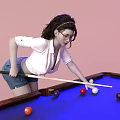 Woman Playing Pool Leaning Over Wooden Billiard Table With Colorful Balls On Pink Background
