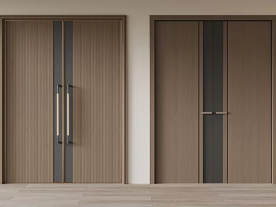 Modern Wooden Double Doors Design With Brown Vertical Stripes And Brushed Brass Handles For Interior 3d model