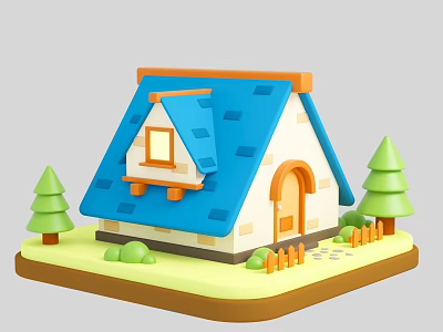 Charming Detached House With Blue Tiled Roof White Walls Orange Door Green Trees And Pathway 3d model