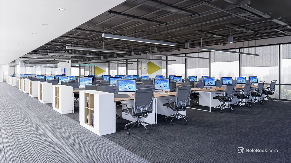 Modern Public Office Space With Open Layout Desks Computers And Gray Carpet 3d model