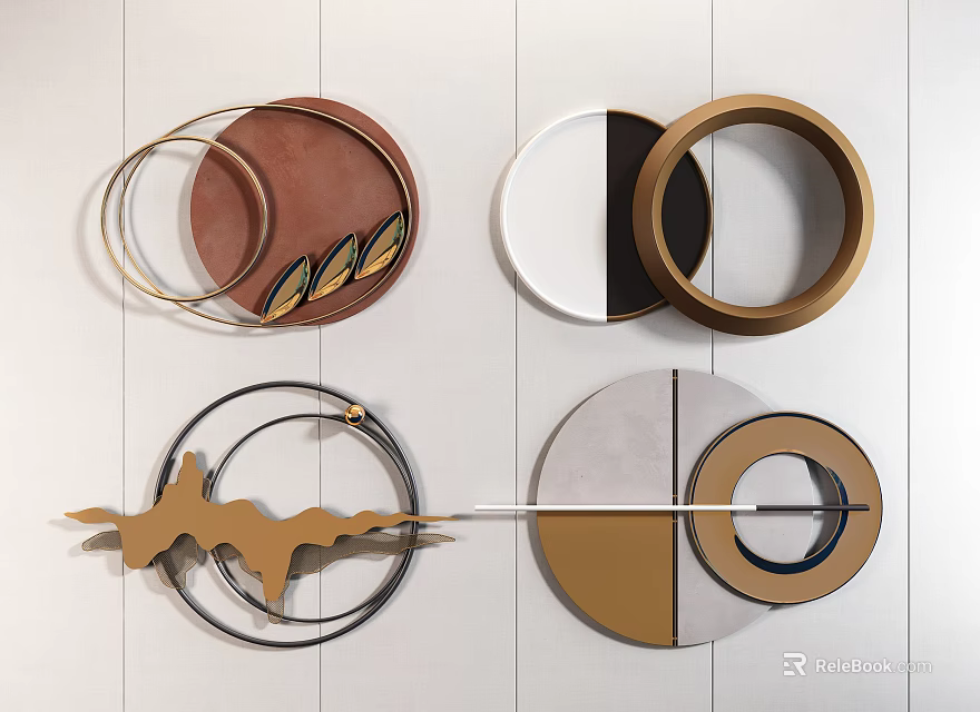 Modern Circular Wall Decor With Geometric Metal Rings And Wooden Elements 3d model