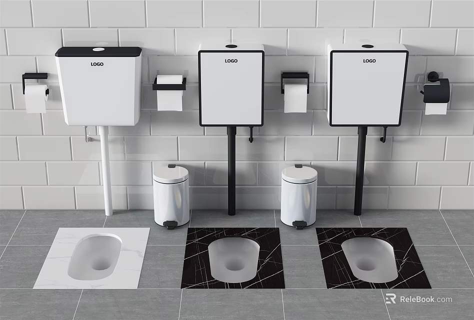 Three Toilets In Bathroom Interior With White Tiled Wall Floor Mats And Trash Bins 3d model 