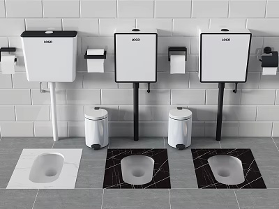 Three Toilets In Bathroom Interior With White Tiled Wall Floor Mats And Trash Bins 3d model