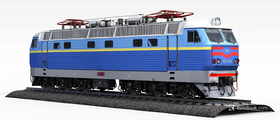 Modern Blue Train Locomotive with Red Top Structure Yellow Stripe on Railway Track 3d model 