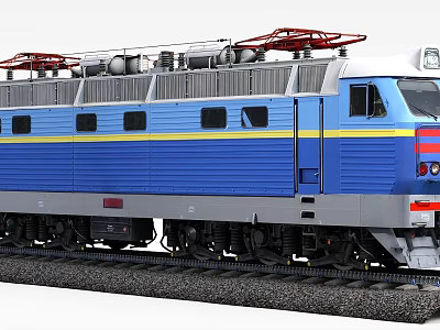 Modern Blue Train Locomotive with Red Top Structure Yellow Stripe on Railway Track 3d model