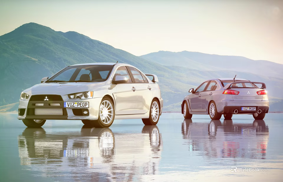 Two Silver Mitsubishi Sedan Cars Parked By Scenic Mountain With Water Reflection 3d model 