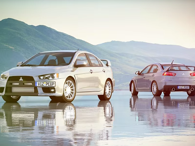 Two Silver Mitsubishi Sedan Cars Parked By Scenic Mountain With Water Reflection 3d model